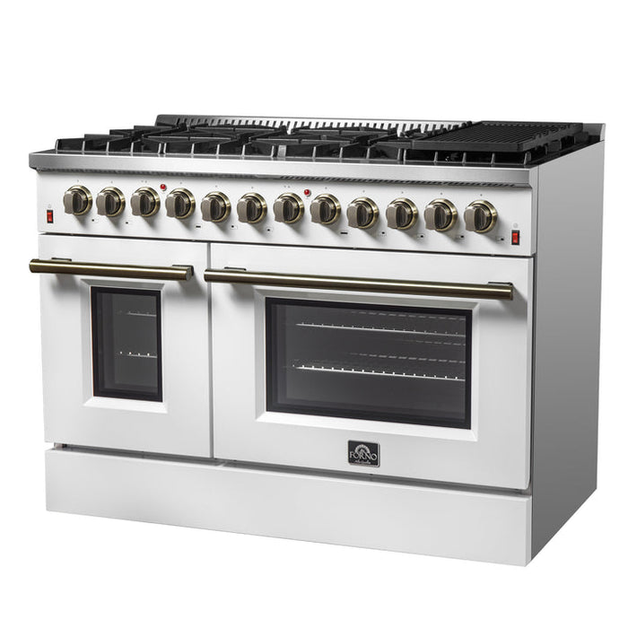 FORNO Galiano 48" 6.58 cu. ft. Dual Fuel Range with 8 Sealed Burners and Griddle in White with Antique Brass Accents - FFSGS6156-48WHT