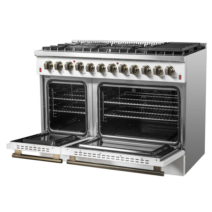 FORNO Galiano 48" 6.58 cu. ft. Dual Fuel Range with 8 Sealed Burners and Griddle in White with Antique Brass Accents - FFSGS6156-48WHT