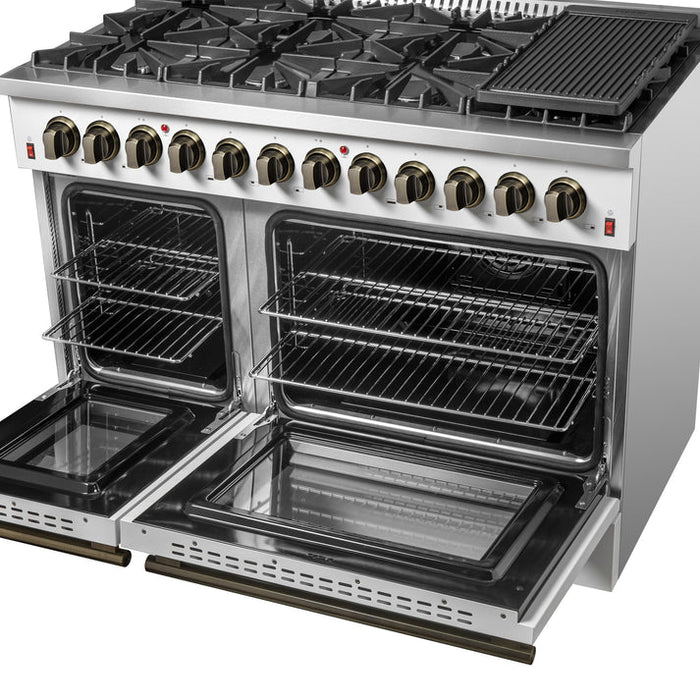 FORNO Galiano 48" 6.58 cu. ft. Dual Fuel Range with 8 Sealed Burners and Griddle in White with Antique Brass Accents - FFSGS6156-48WHT