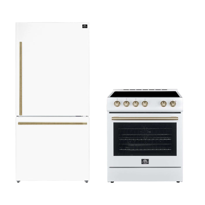 FORNO Premium 2-Piece Kitchen Bundle - Leonardo Espresso 30" White Range, 31" White Bottom Freezer Refrigerator, FBDL-003-03US