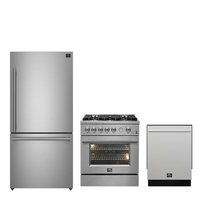 FORNO Premium 3-Piece Kitchen Bundle - 30" Gas Range, French Door Refrigerator, Built-In Dishwasher, Stainless Steel, FBDL-012-01CAUS