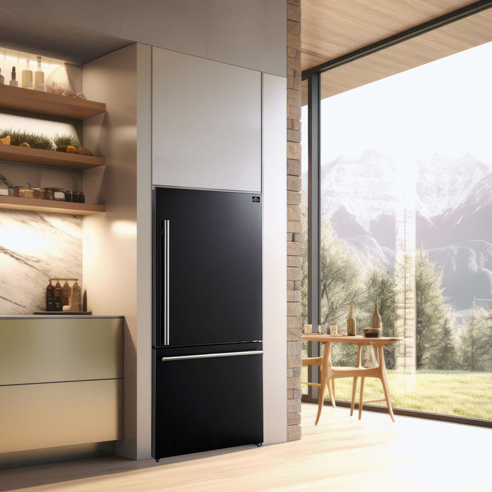 FORNO Premium 2-Piece Kitchen Bundle - Leonardo Espresso 30" Black Range, 31" Black Bottom Freezer Refrigerator, FBDL-003-02US