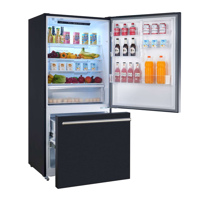 FORNO Premium 2-Piece Kitchen Bundle - Leonardo Espresso 30" Black Range, 31" Black Bottom Freezer Refrigerator, FBDL-003-02US