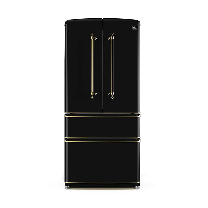 Forno Luigi 18 cu.ft. French Door Refrigerator Black, Antique Brass Handles, FFFFD1791-33BLK