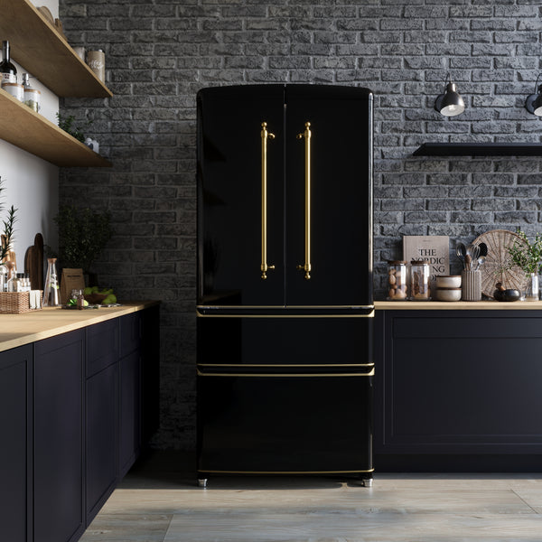 Forno Luigi 18 cu.ft. French Door Refrigerator Black, Antique Brass Handles, FFFFD1791-33BLK