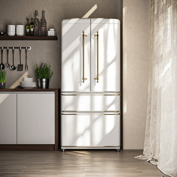 Forno Luigi 18 cu.ft. French Door Refrigerator White, Antique Brass Handles, FFFFD1791-33WHT