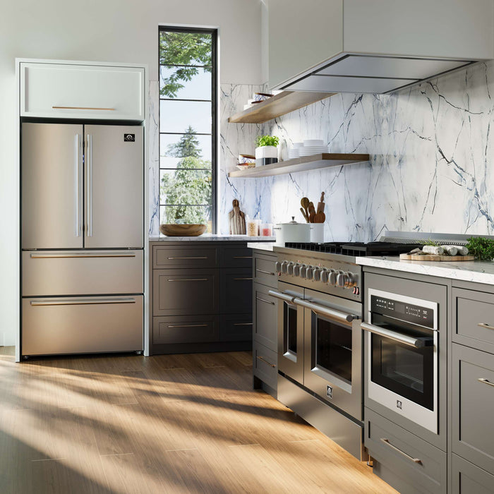 FORNO Premium 3-Piece Kitchen Bundle - 48 Inch Gas Range, Wall Mount Range Hood, 60 Inch Refrigerator, FBDL-018-02US