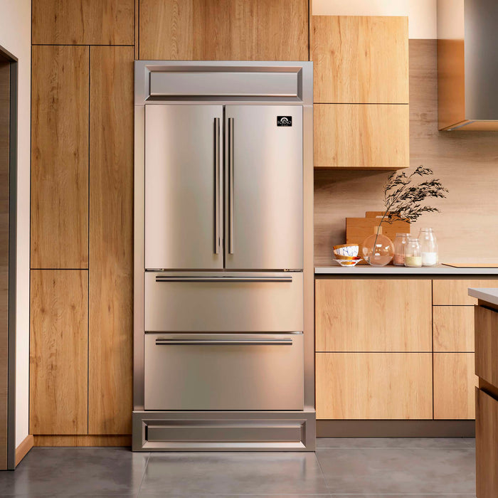 Forno Moena 36" French Door 19.2 cu. ft Stainless Steel Refrigerator, with Modern Decorative Grill - 40" Wide, FFRBI1820-40MG