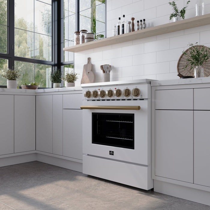 FORNO Paolo 30" Freestanding Electric Range in White, 4.38 cu.ft. with Antique Brass Handles, FFSEL6011-30WHT