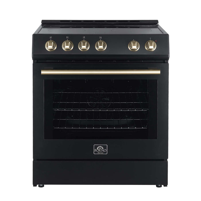 FORNO Premium 2-Piece Kitchen Bundle - Leonardo Espresso 30" Black Range, 31" Black Bottom Freezer Refrigerator, FBDL-003-02US