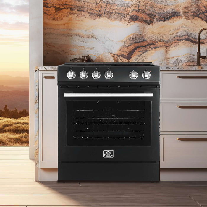 FORNO Premium 2-Piece Kitchen Bundle - Leonardo Espresso 30" Black Range, 31" Black Bottom Freezer Refrigerator, FBDL-003-02US