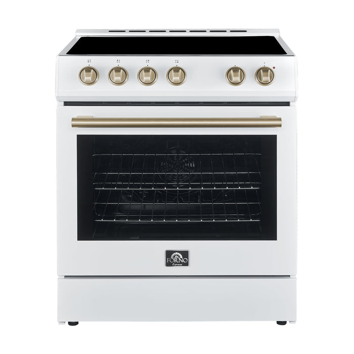 FORNO Espresso Leonardo 30" 5 cu. ft. Electric Range in White with Antique Brass Handles (optional silver), FFSEL6012-30WHT