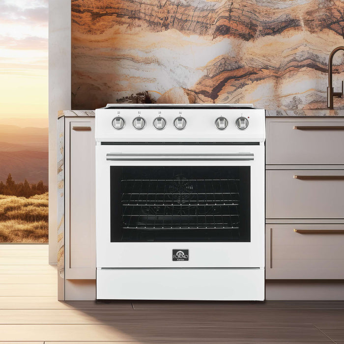 FORNO Premium 2-Piece Kitchen Bundle - Leonardo Espresso 30" White Range, 31" White Bottom Freezer Refrigerator, FBDL-003-03US