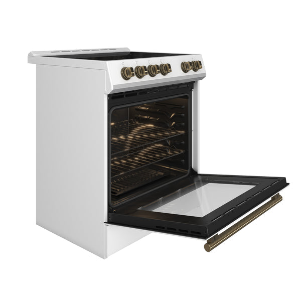 FORNO Espresso Leonardo 30" 5 cu. ft. Electric Range in White with Antique Brass Handles (optional silver), FFSEL6012-30WHT