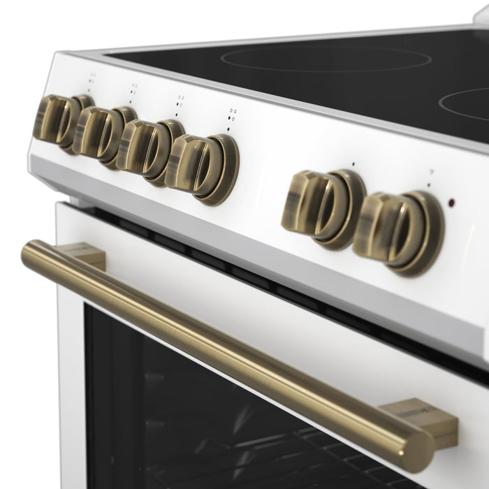 FORNO Espresso Leonardo 30" 5 cu. ft. Electric Range in White with Antique Brass Handles (optional silver), FFSEL6012-30WHT