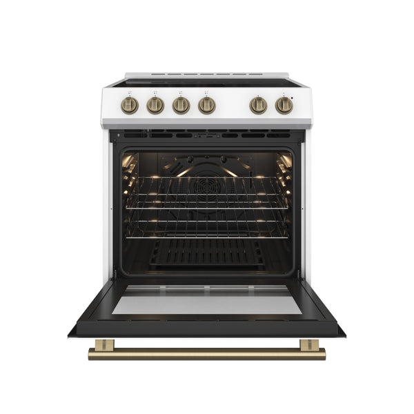 FORNO Espresso Leonardo 30" 5 cu. ft. Electric Range in White with Antique Brass Handles (optional silver), FFSEL6012-30WHT
