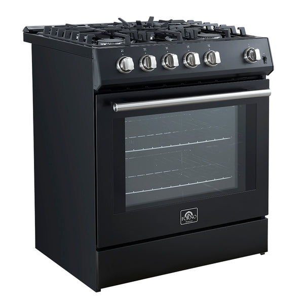 FORNO Espresso Leonardo 30" 5 cu. ft. Gas Range - Black with Antique Brass Handles (optional silver), FFSGS1116-30BLK