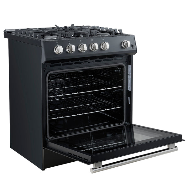FORNO Espresso Leonardo 30" 5 cu. ft. Gas Range - Black with Antique Brass Handles (optional silver), FFSGS1116-30BLK