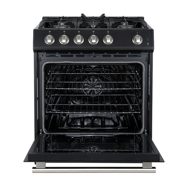 FORNO Espresso Leonardo 30" 5 cu. ft. Gas Range - Black with Antique Brass Handles (optional silver), FFSGS1116-30BLK