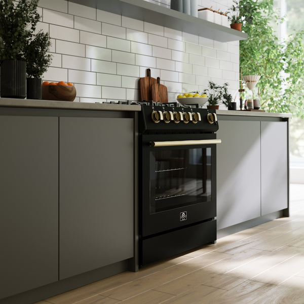 FORNO Espresso Leonardo 30" 5 cu. ft. Gas Range - Black with Antique Brass Handles (optional silver), FFSGS1116-30BLK
