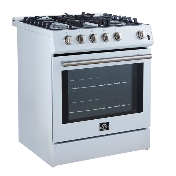 FORNO Espresso Leonardo 30" 5 cu. ft. Gas Range in White with Antique Brass Handles (and silver handles), FFSGS1116-30WHT