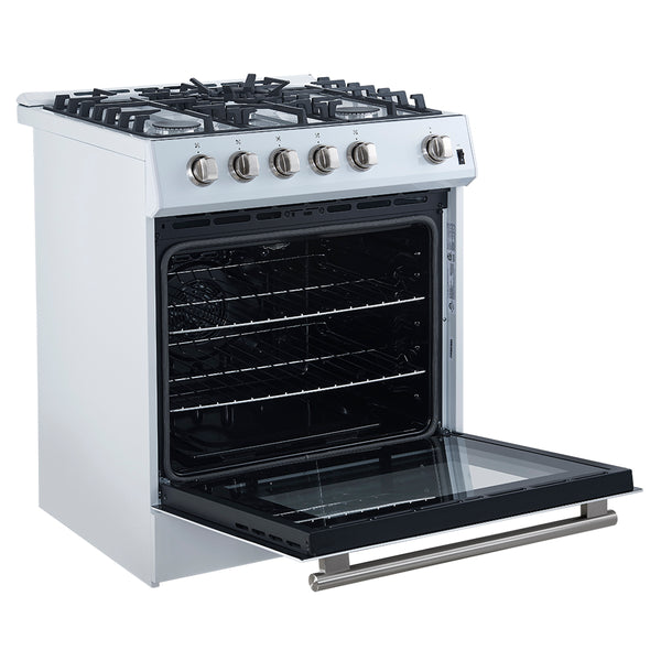 FORNO Espresso Leonardo 30" 5 cu. ft. Gas Range in White with Antique Brass Handles (and silver handles), FFSGS1116-30WHT