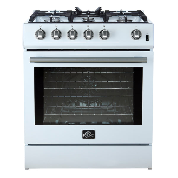 FORNO Espresso Leonardo 30" 5 cu. ft. Gas Range in White with Antique Brass Handles (and silver handles), FFSGS1116-30WHT