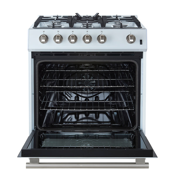 FORNO Espresso Leonardo 30" 5 cu. ft. Gas Range in White with Antique Brass Handles (and silver handles), FFSGS1116-30WHT