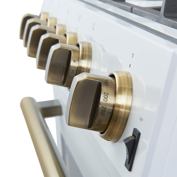 FORNO Espresso Leonardo 30" 5 cu. ft. Gas Range in White with Antique Brass Handles (and silver handles), FFSGS1116-30WHT