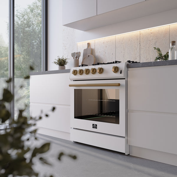 FORNO Espresso Leonardo 30" 5 cu. ft. Gas Range in White with Antique Brass Handles (and silver handles), FFSGS1116-30WHT