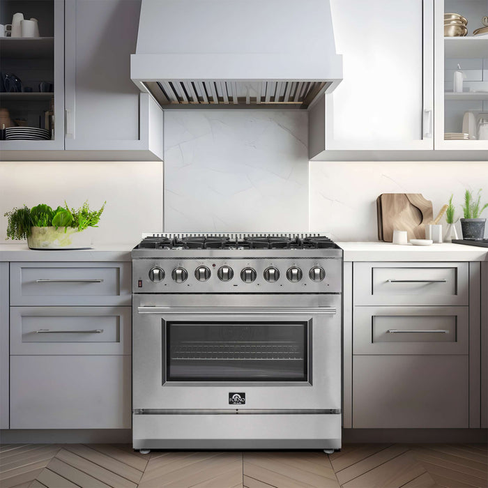 FORNO Premium 3-Piece Kitchen Bundle - Galiano 36" Dual Fuel Range, 36" Built-In Refrigerator, 24" Built-In Dishwasher, FBDL-004-02CAUS