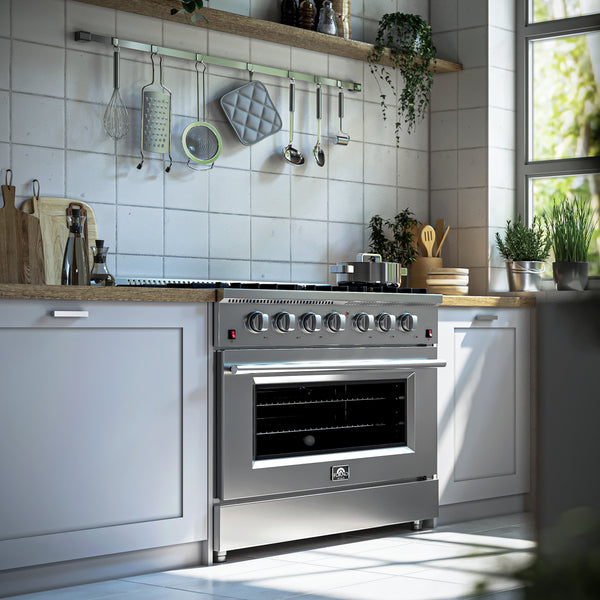 Forno Galiano 36" Freestanding Gas Range with 6 Italian Burners in Stainless Steel, FFSGS6244-36
