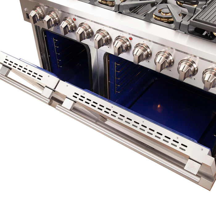 FORNO Capriasca 48-inch Gas Range Stainless Steel, 8 Brass Burners 160,000 BTU, 6.58 cu.ft. Double Oven, FFSGS6260-48
