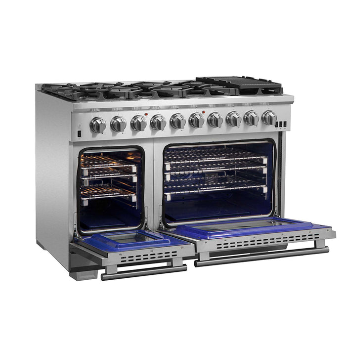FORNO Capriasca 48-inch Gas Range Stainless Steel, 8 Brass Burners 160,000 BTU, 6.58 cu.ft. Double Oven, FFSGS6260-48