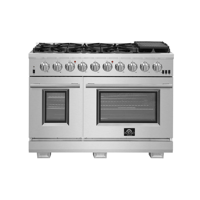 FORNO Capriasca 48-inch Gas Range Stainless Steel, 8 Brass Burners 160,000 BTU, 6.58 cu.ft. Double Oven, FFSGS6260-48