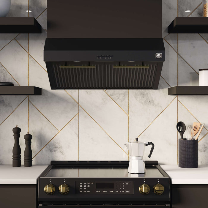 FORNO Premium 3-Piece Kitchen Bundle - Leonardo Espresso 30" Black Range, 30" Black Range Hood, 31" Black Bottom Freezer Refrigerator, FBDL-001-02US