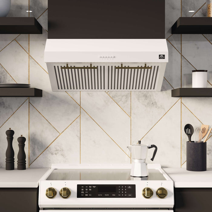 FORNO Premium 3-Piece Kitchen Bundle - Leonardo Espresso 30" White Range, 30" White Range Hood, 31" White Bottom Freezer Refrigerator, FBDL-001-03US