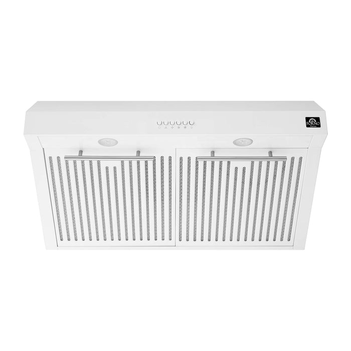 FORNO Premium 3-Piece Kitchen Bundle - Leonardo Espresso 30" White Range, 30" White Range Hood, 31" White Bottom Freezer Refrigerator, FBDL-001-03US