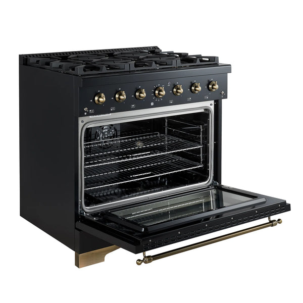 FORNO Espresso Antico 36" 4.5 cu. ft. Dual Fuel Range with 6 Sealed Burners in Black with Antique Brass Accents, FFSGS6113-36BLK