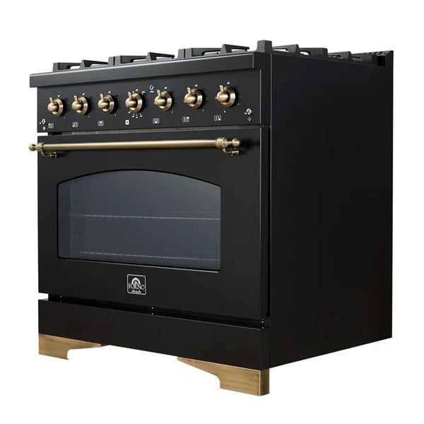 FORNO Antico 36" 4.5 cu. ft. Gas Range with 6 Sealed Burners in Black with Antique Brass Accents- FFSGS6219-36BLK