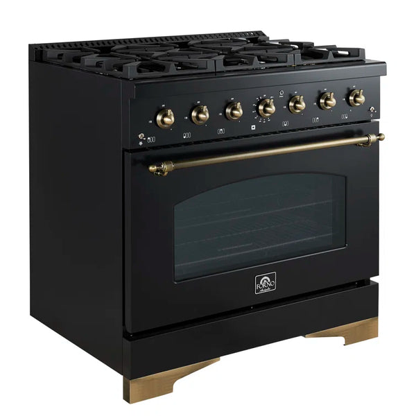 FORNO Espresso Antico 36" 4.5 cu. ft. Dual Fuel Range with 6 Sealed Burners in Black with Antique Brass Accents, FFSGS6113-36BLK