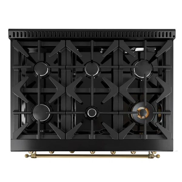 FORNO Espresso Antico 36" 4.5 cu. ft. Dual Fuel Range with 6 Sealed Burners in Black with Antique Brass Accents, FFSGS6113-36BLK