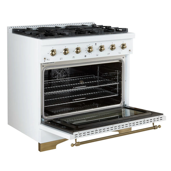 FORNO Espresso Antico 36" 4.5 cu. ft. Dual Fuel Range with 6 Sealed Burners in White with Antique Brass Accents, FFSGS6113-36WHT