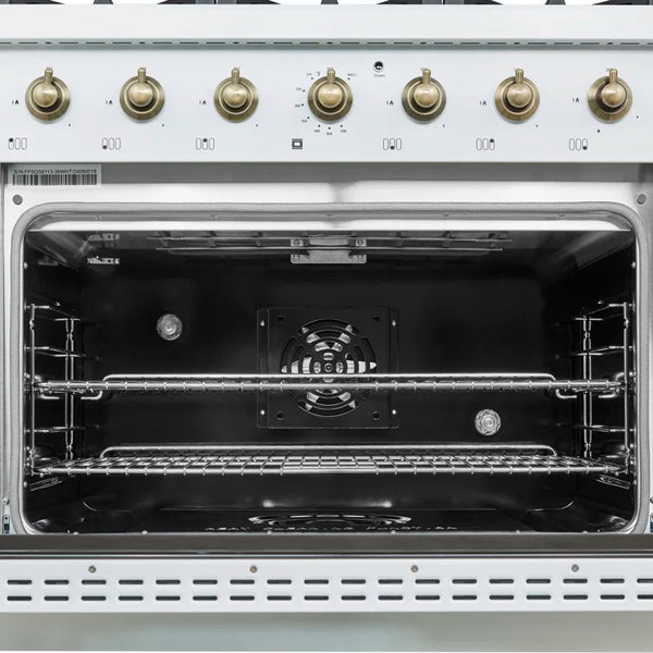 FORNO Espresso Antico 36" 4.5 cu. ft. Dual Fuel Range with 6 Sealed Burners in White with Antique Brass Accents, FFSGS6113-36WHT