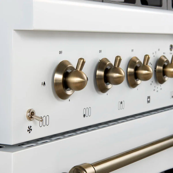 FORNO Espresso Antico 36" 4.5 cu. ft. Dual Fuel Range with 6 Sealed Burners in White with Antique Brass Accents, FFSGS6113-36WHT
