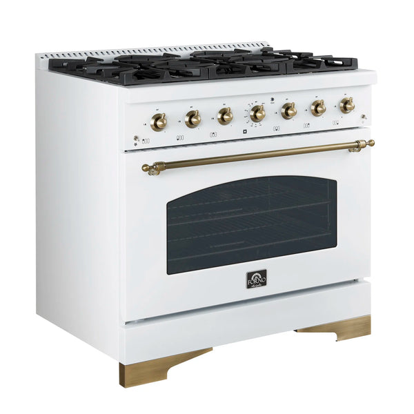 FORNO Espresso Antico 36" 4.5 cu. ft. Dual Fuel Range with 6 Sealed Burners in White with Antique Brass Accents, FFSGS6113-36WHT