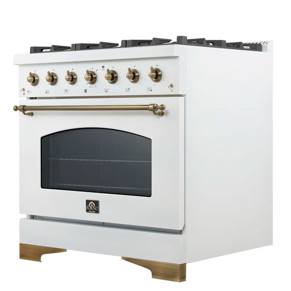 FORNO Espresso Antico 36" 4.5 cu. ft. Dual Fuel Range with 6 Sealed Burners in White with Antique Brass Accents, FFSGS6113-36WHT