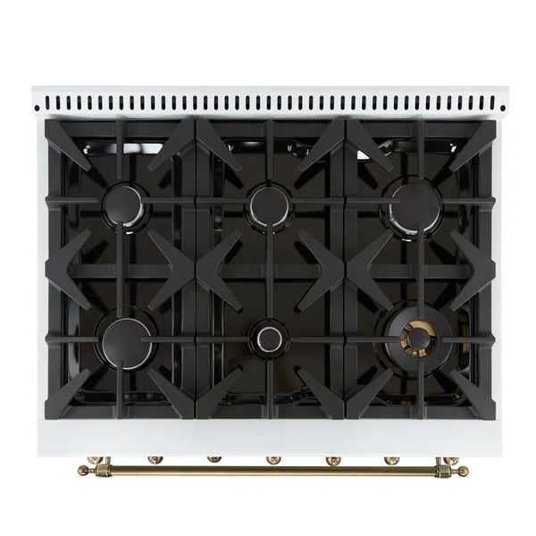 FORNO Espresso Antico 36" 4.5 cu. ft. Dual Fuel Range with 6 Sealed Burners in White with Antique Brass Accents, FFSGS6113-36WHT
