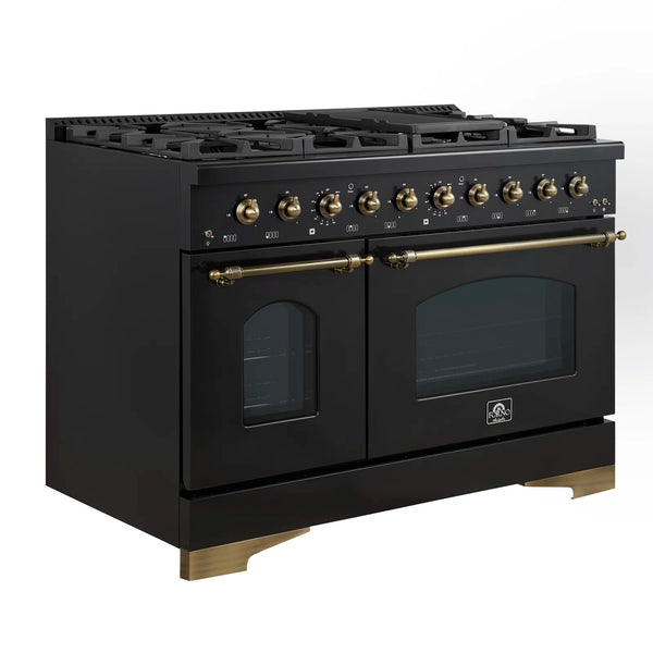 FORNO Espresso Antico 48" 5.5 cu. ft. Dual Fuel Range with 8 Sealed Burners and Griddle in Black with Antique Brass Accents, FFSGS6113-48BLK