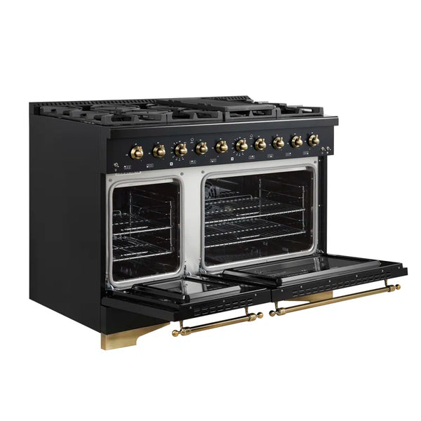 FORNO Espresso Antico 48" 5.5 cu. ft. Dual Fuel Range with 8 Sealed Burners and Griddle in Black with Antique Brass Accents, FFSGS6113-48BLK